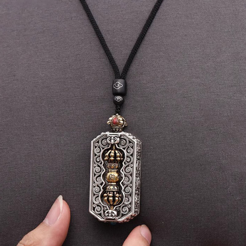 Buddha Stones Tibetan Om Mani Padme Hum Carved Dorje Vajra Rotatable Lotus Pattern Purity Rope Necklace Pendant Necklaces & Pendants BS 4