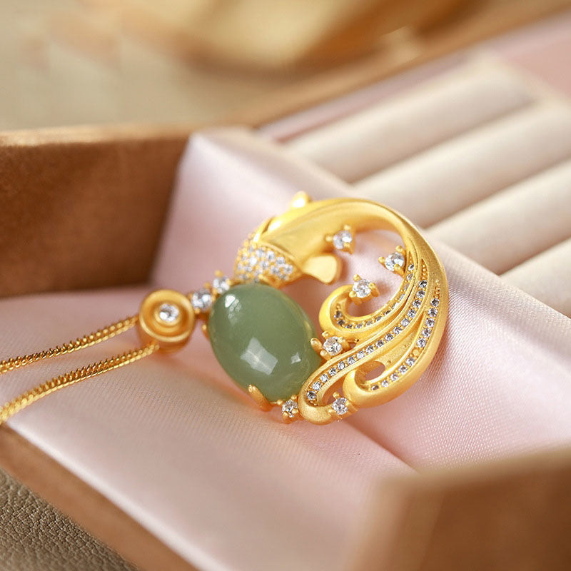 Buddhastoneshop Cyan Jade Koi Fish Healing Calm Necklace Pendant