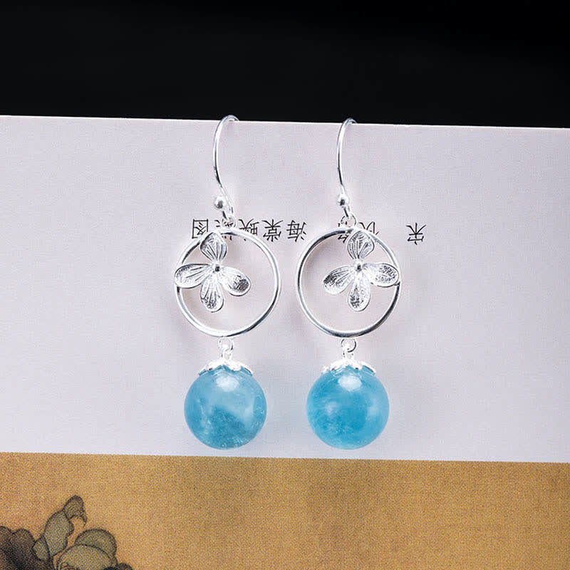 Buddha Stones 925 Sterling Silver Natural Aquamarine Leaf Flower Peace Earrings Necklace Earrings BS 13