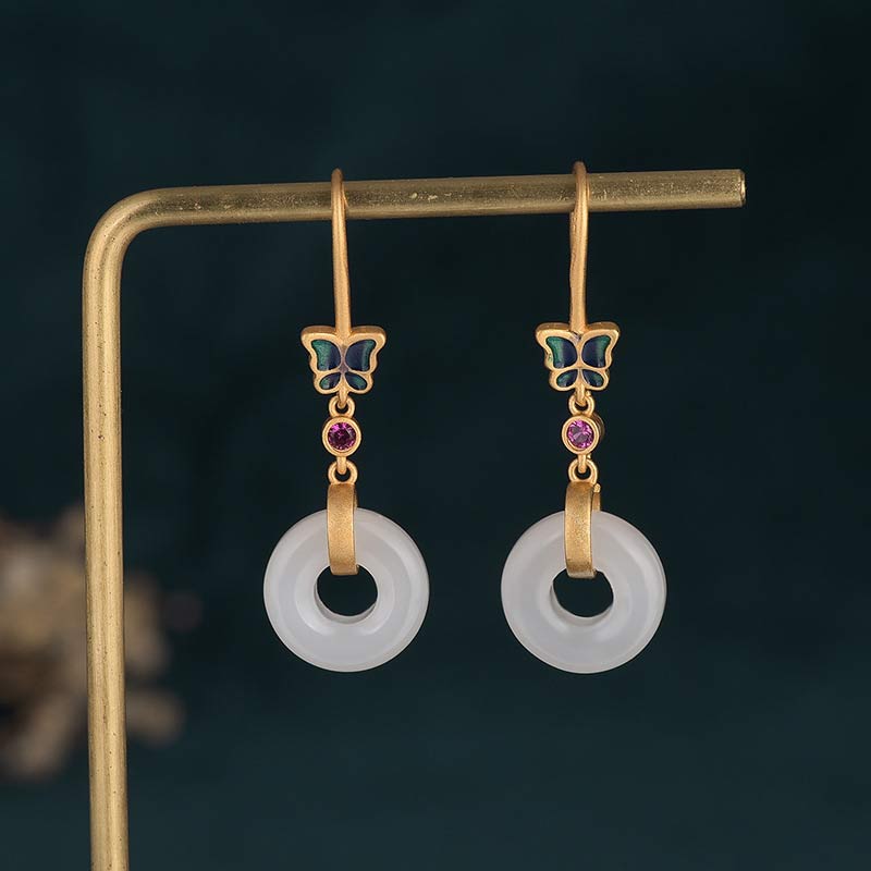 Buddha Stones FengShui White Jade Butterfly Fortune Earrings Earrings BS 1