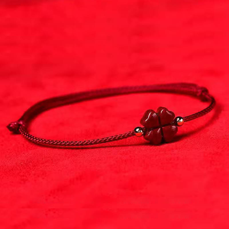 Buddha Stones Natural Cinnabar Four Leaf Clover Blessing Red String Bracelet Anklet Bracelet BS 3