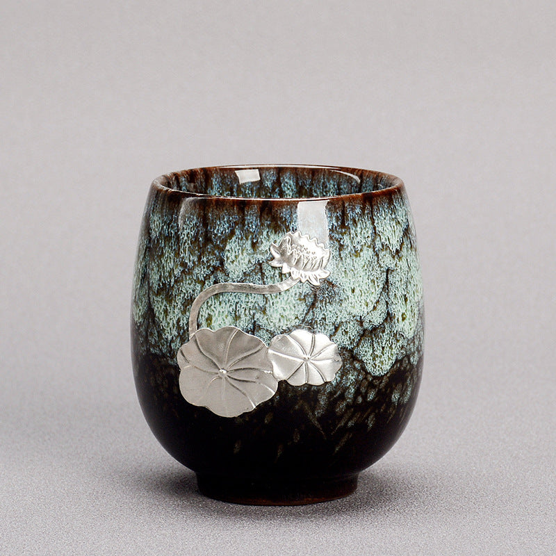 Buddha Stones Silver Lotus Flower Leaf Chinese Jianzhan Ceramic Teacup Kung Fu Tea Cup 150ml Jian Zhan Tea Cup BS Green Brown 6cm*7.5cm*150ml