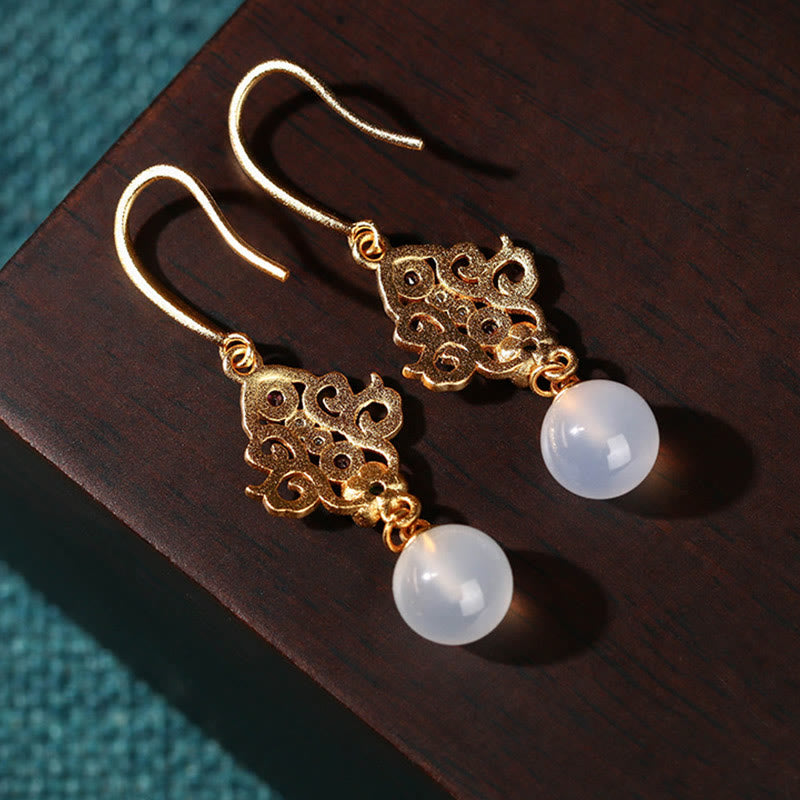 Buddha Stones 24K Gold Plated Round Chalcedony Positive Dangle Drop Earrings Earrings BS 4
