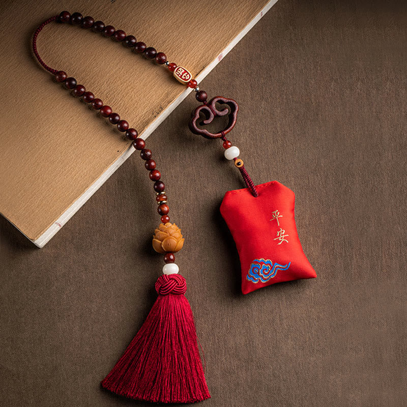 Foviel Tibetan Small Leaf Red Sandalwood Lotus Cinnabar Sachet Protection Tassel Car Hanging Decoration