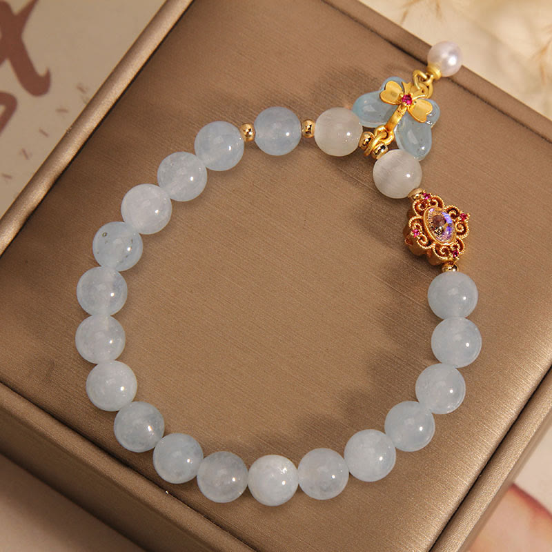 Buddha Stones Aquamarine Cat's Eye Healing Butterfly Pearl Charm Bracelet Bracelet BS 3