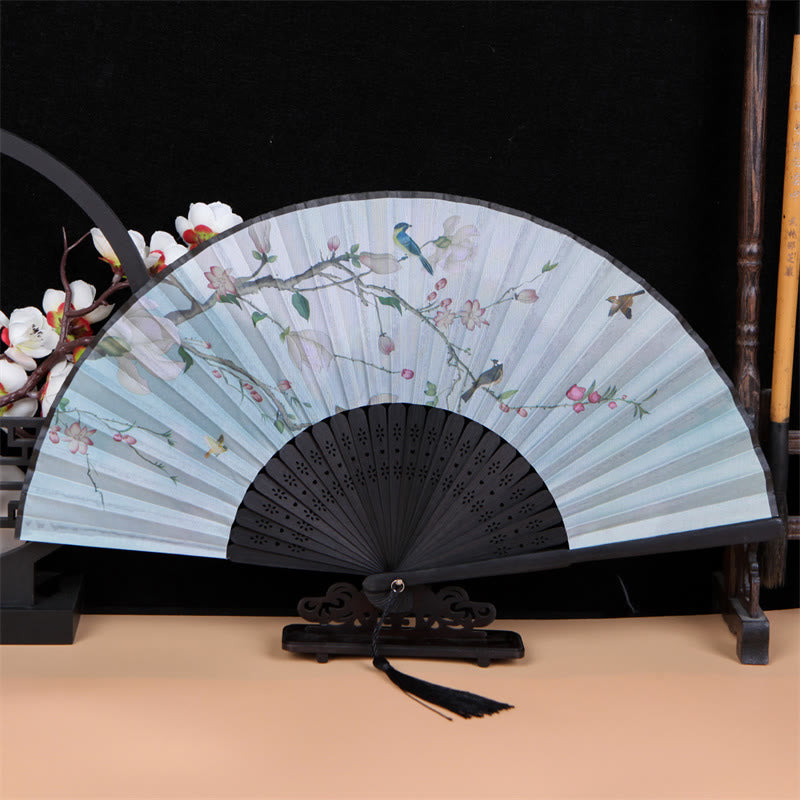 Buddha Stones Classic Birds Singing Flowers Handheld Bamboo Folding Fan Folding Fan BS Magnolia Flower and Birds