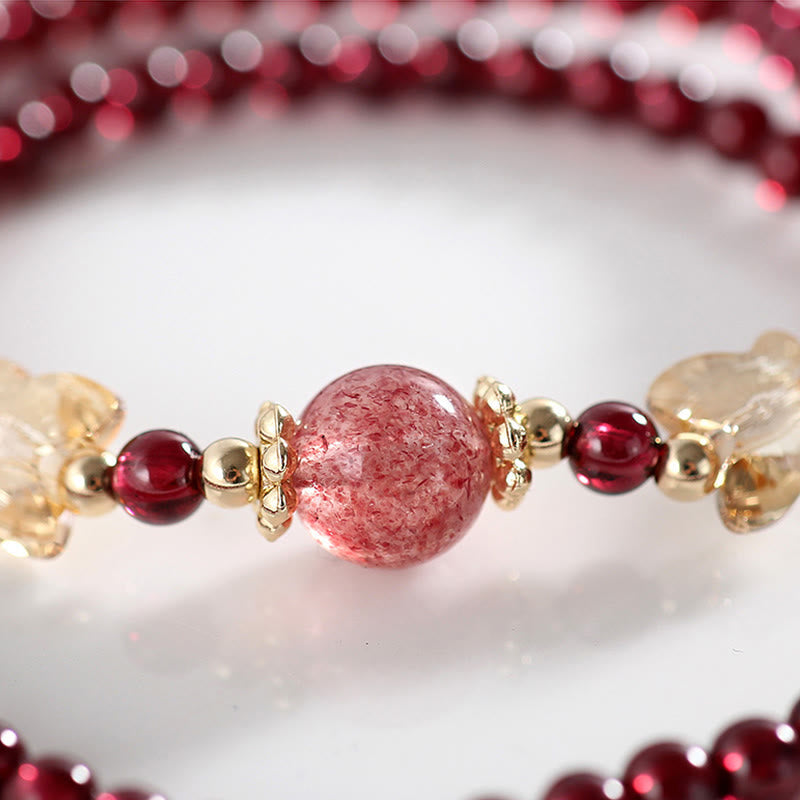 Buddha Stones 14K Gold Plated Natural Garnet Strawberry Quartz Butterfly Protection Double Wrap Bracelet Bracelet BS 6