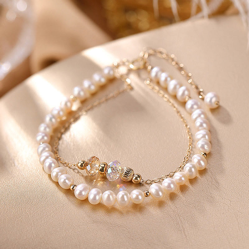 Buddha Stones 925 Sterling Silver 14K Gold Plated Natural Pearl Crystal Healing Double Layer Bracelet Bracelet BS 1