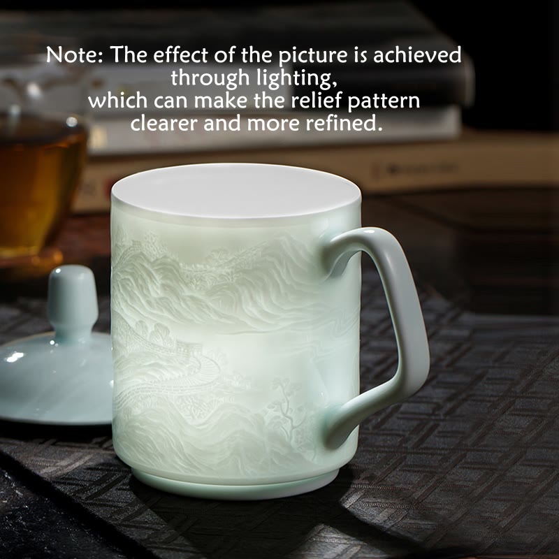 Buddha Stones Jingdezhen White Porcelain Handmade Great Wall Landscape Engraved Ceramic Teacup Office Mug Tea Cups Cup BS 2