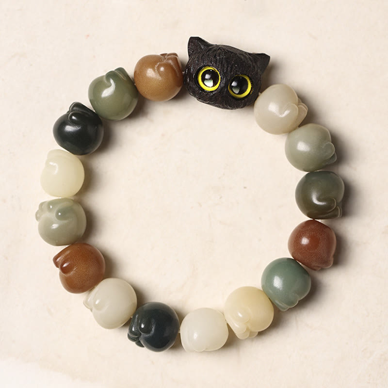 Buddha Stones Natural Bodhi Seed Lovely Paw Ebony Wood Lucky Cat Wisdom Bracelet Bracelet BS 2