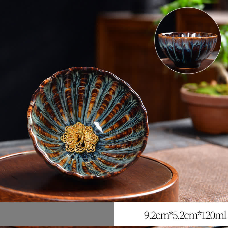 Buddha Stones Lotus Peacock Dragon Phoenix Koi Fish Ceramic Teacup Inlaid Tea Cups 120ml - Gold - Peacock - image 11