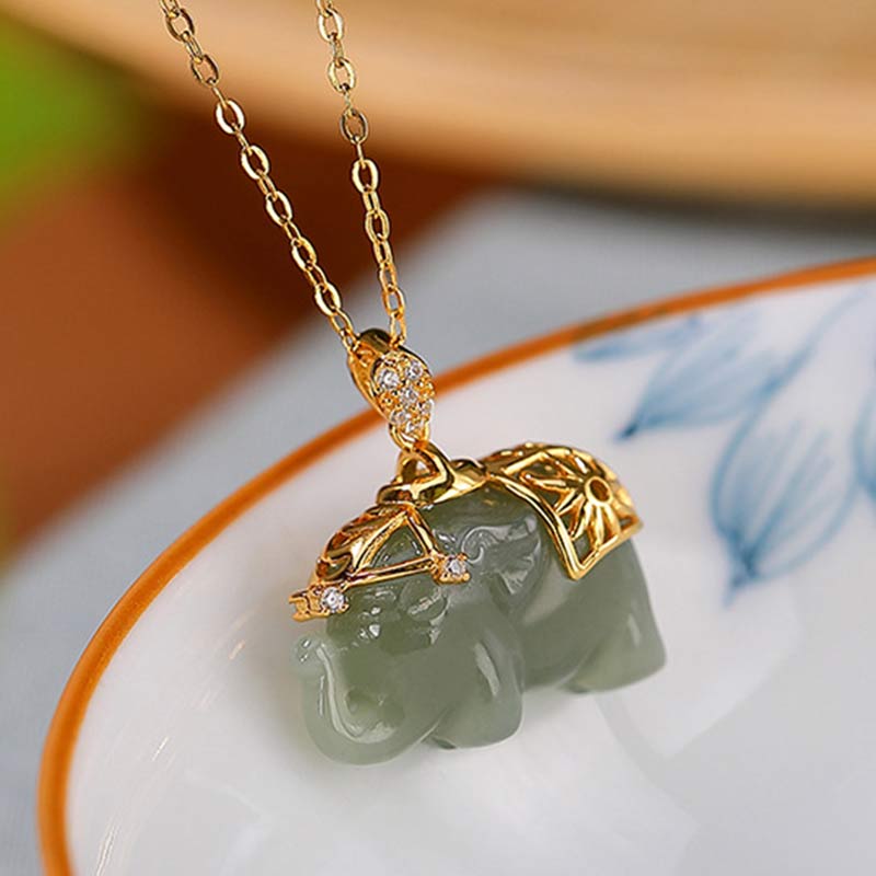 Buddha Stones 925 Sterling Silver Jade Elephant Blessing Fortune Necklace Chain Pendant Necklaces & Pendants BS 5