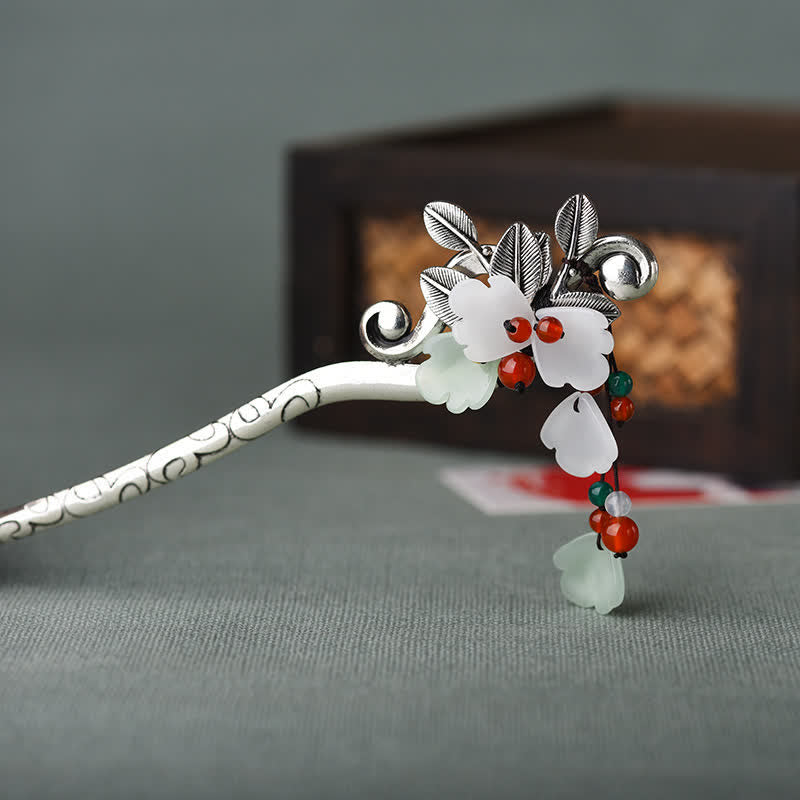 Buddha Stones Red Agate Flower Leaf Calm Confidence Tassel Hairpin Hairpin BS 5