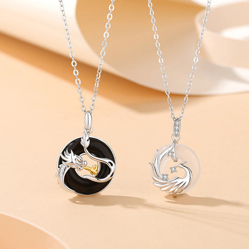 Buddha Stones 925 Sterling Silver Year of the Dragon Natural Black Onyx Chalcedony Dragon Phoenix Peace Buckle Protection Necklace Pendant Necklaces & Pendants BS main