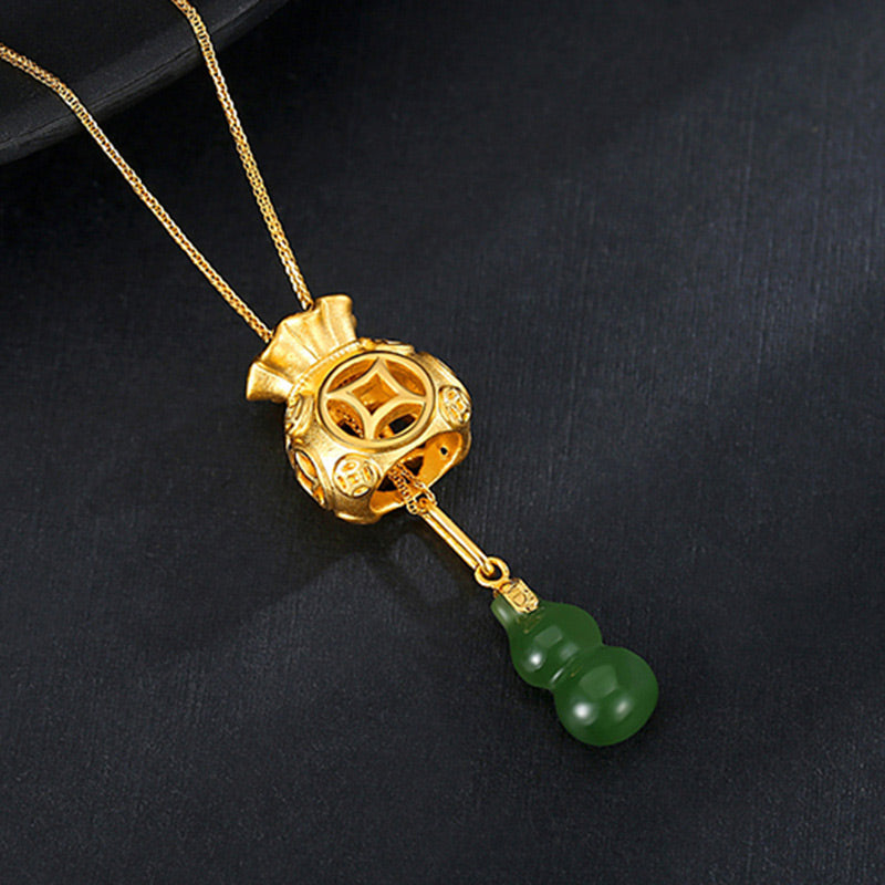 Buddha Stones Auspicious Feng Shui Money Bag Jade Pendant Necklace Necklace BS Cyan Jade