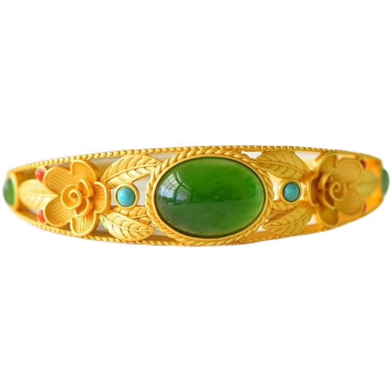Buddha Stones Cyan Jade White Jade Flower Leaf Harmony Luck Bracelet Bangle Bracelet Bangle BS 6