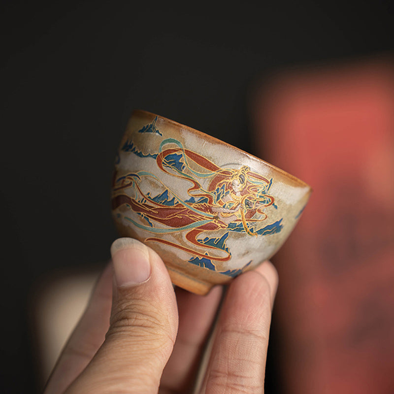 Buddha Stones Dunhuang Flying Apsaras Ceramic Gaiwan Sancai Teacup Kung Fu Tea Cup With Lid Cup BS 23