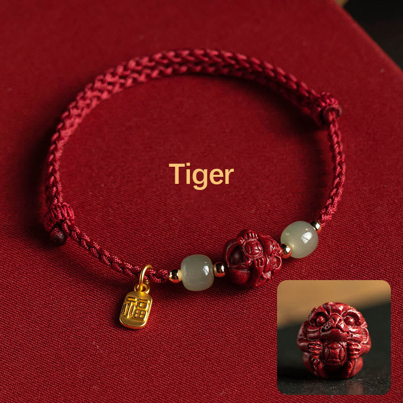 Buddha Stones Natural Cinnabar Chinese Zodiac Hetian Jade Fu Character Luck Rope Bracelet - Tiger(Wrist Circumference 14-18cm) - image 2