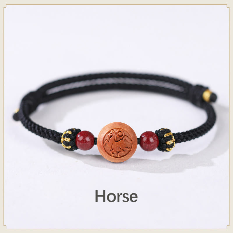 Buddha Stones Natural Peach Wood Chinese Zodiac Fu Character Carved Cinnabar Wealth Bracelet Bracelet BS Horse-Black(Wrist Circumference 14-22cm)