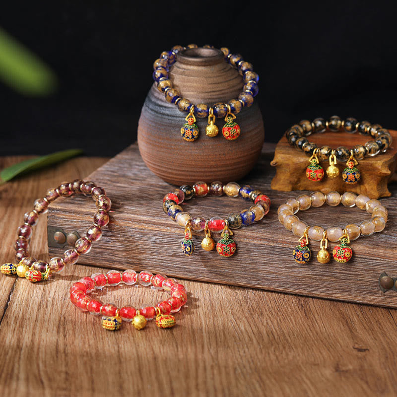 Buddha Stones Gold Swallowing Beast Family Charm Gold Silver Foil Liuli Glass Bead Blessings Bracelet Bracelet BS 1