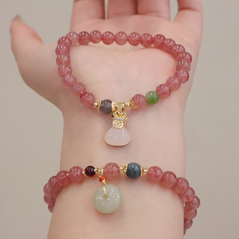 Buddha Stones Natural Strawberry Quartz Jade Peace Buckle Coin Purse Healing Bracelet Bracelet BS 4