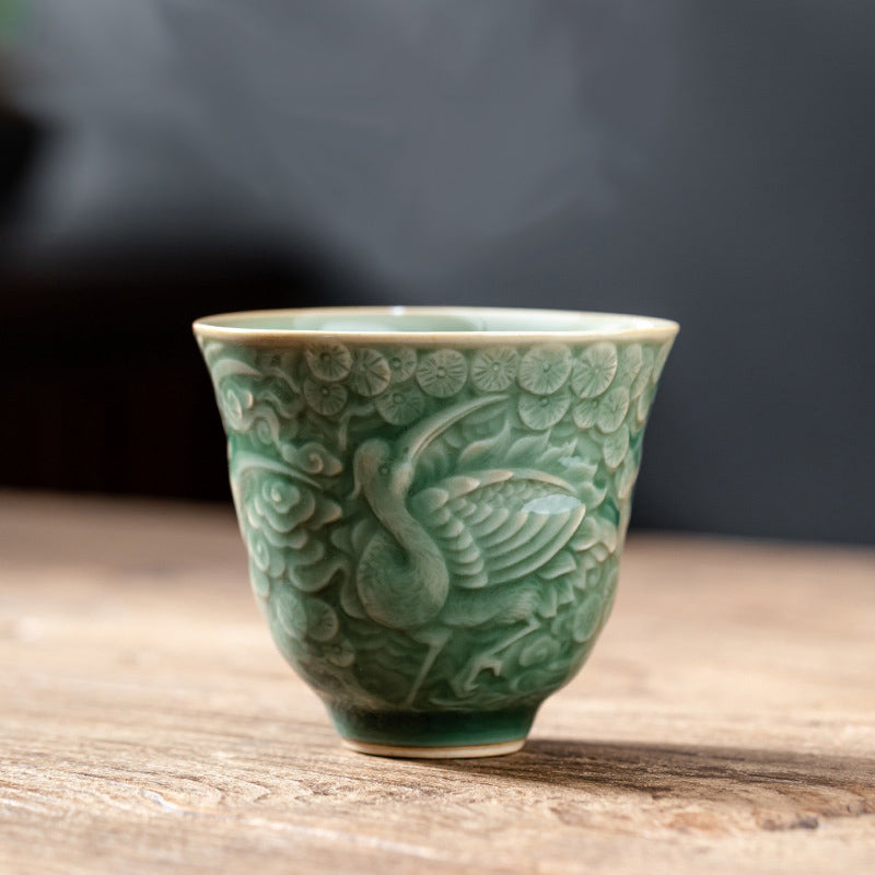 Buddha Stones Crane Pine Ceramic Teacup Kung Fu Tea Cup 80ml Cup BS Green 7cm*6.3cm*80ml