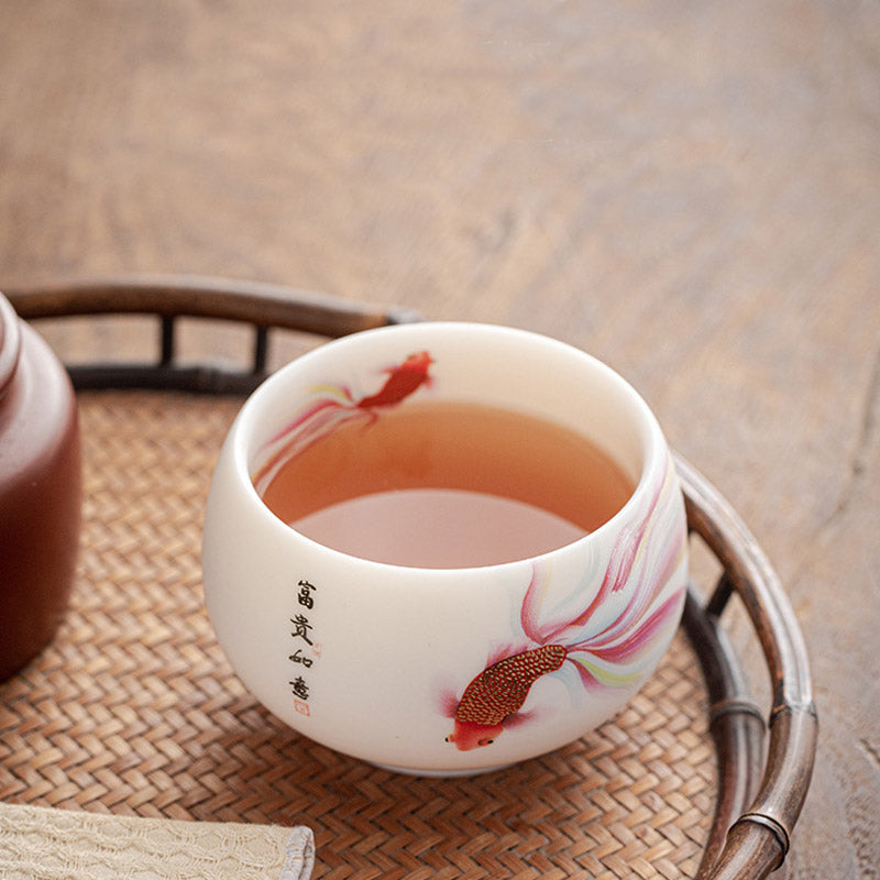 Buddha Stones Koi Fish White Porcelain Ceramic Teacup Kung Fu Tea Cup Cup BS 7