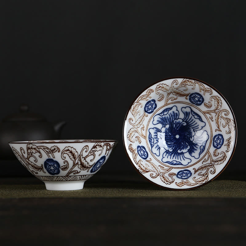 Buddha Stones Flowers Fu Character Mountains Lotus Cherry Blossoms Ceramic Teacup Kung Fu Tea Cup Cup BS Blue Flowers Brown Leaves 8.5cm*4cm*90ml
