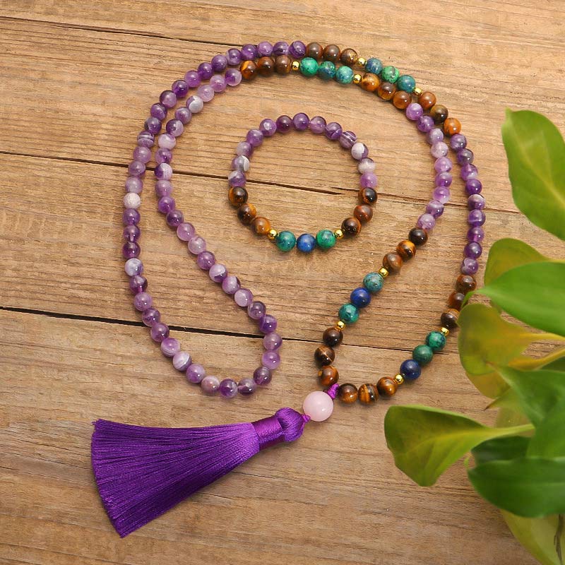 Buddha Stones Tibetan Amethyst Purify Bracelet Mala Set Mala Bracelet BS Set