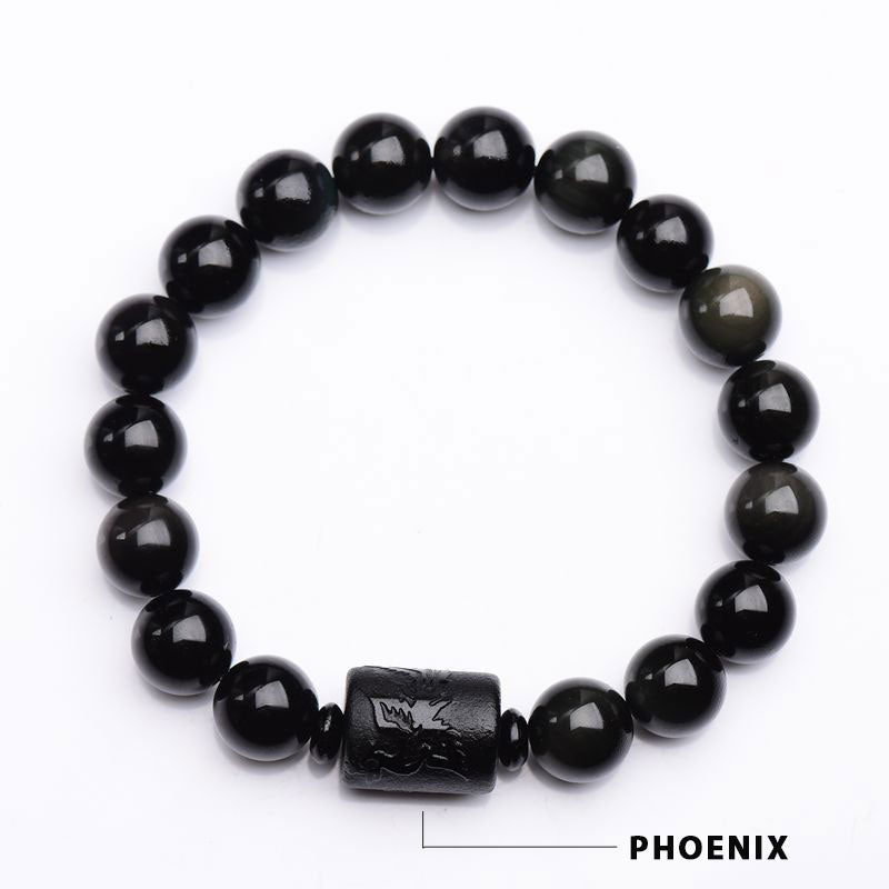 Bracelet Phénix et Dragon en obsidienne noire pour la purification de l'âme Foviel