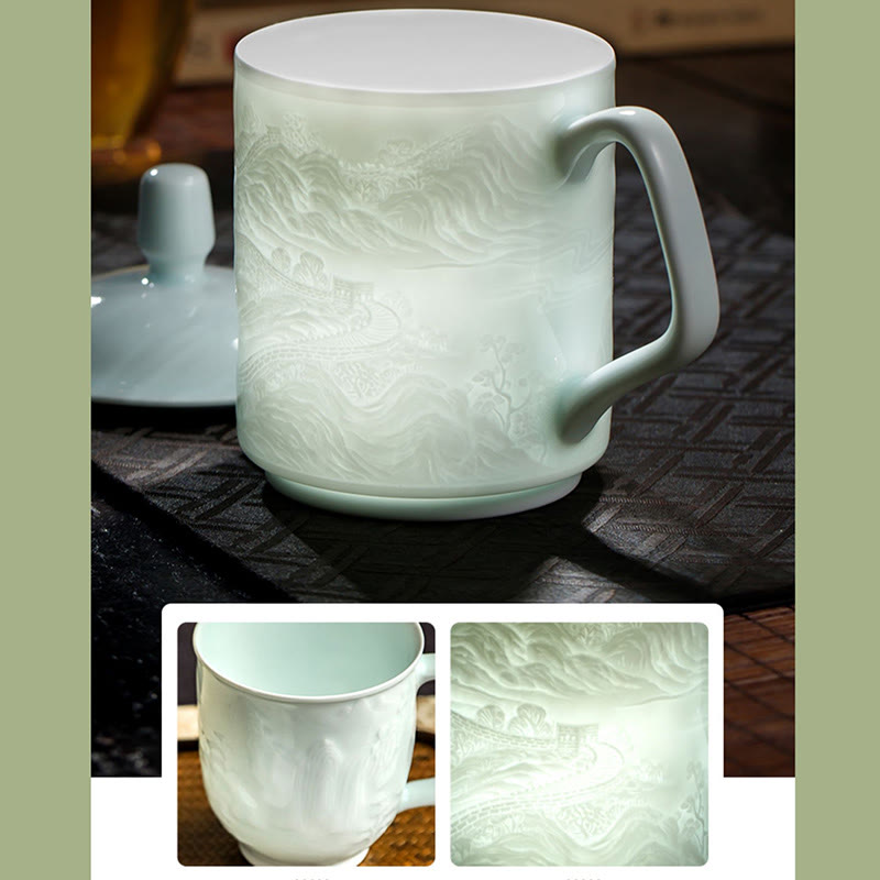 Buddha Stones Jingdezhen White Porcelain Handmade Great Wall Landscape Engraved Ceramic Teacup Office Mug Tea Cups Cup BS 5