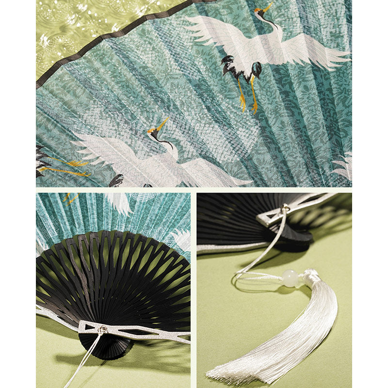 Buddha Stones Vintage Blue White Crane Pattern Handheld Silk Bamboo Folding Fan Folding Fan BS 6