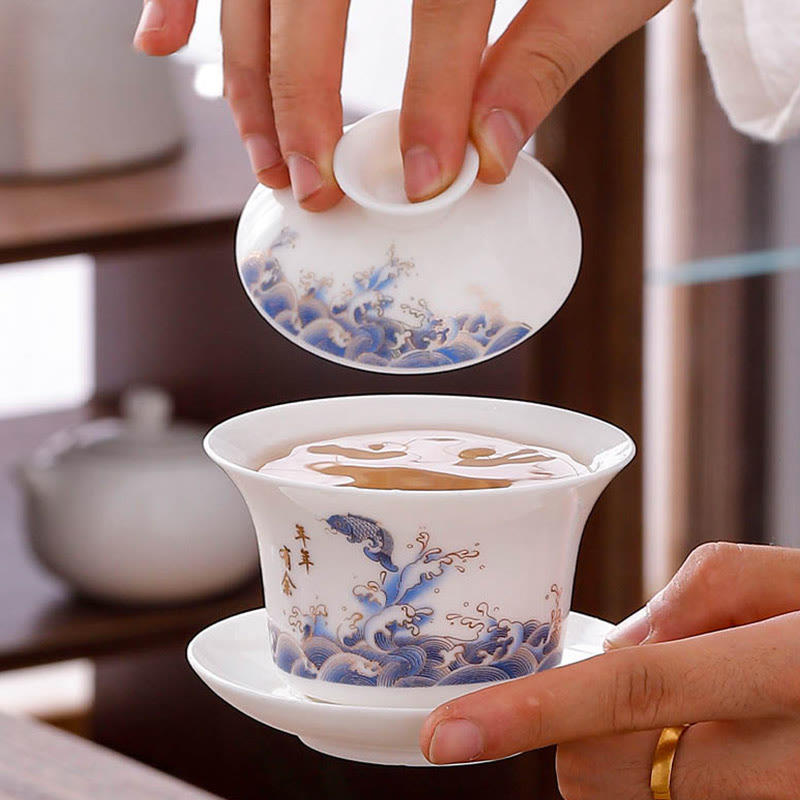 Buddha Stones White Porcelain Mountain Landscape Countryside Ceramic Gaiwan Teacup Kung Fu Tea Cup And Saucer With Lid Cup BS 6