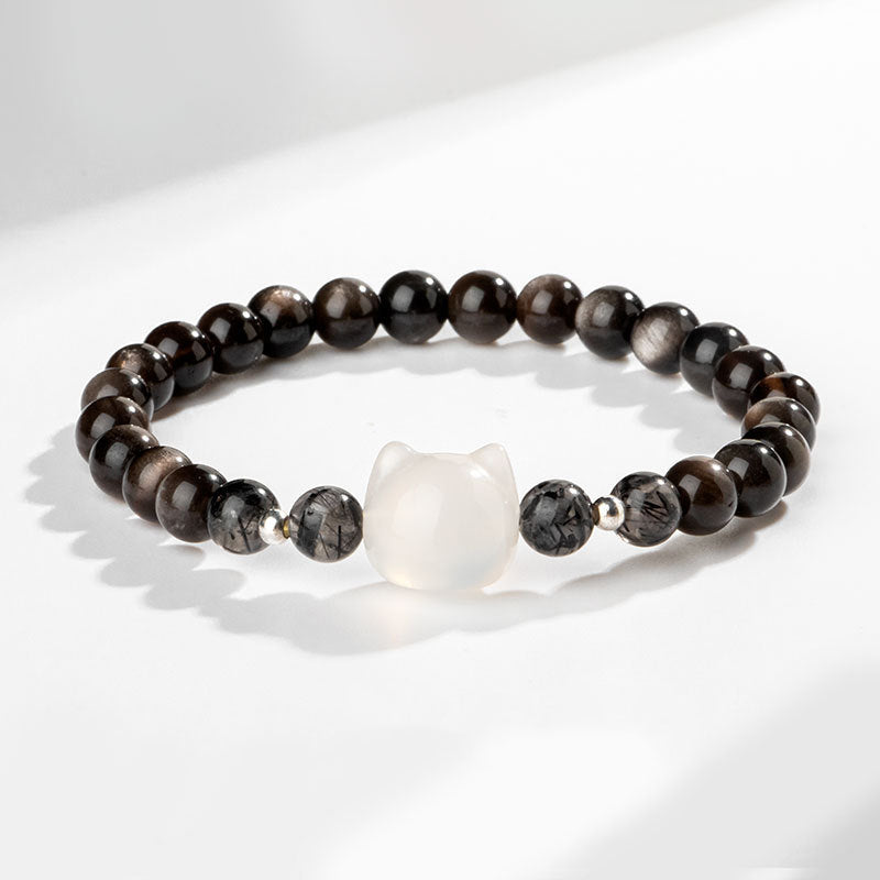 Buddha Stones Natural Silver Sheen Obsidian Cute Cat Head Protection Bracelet Bracelet BS Silver Sheen Obsidian&White Agate(Wrist Circumference 14-15cm)
