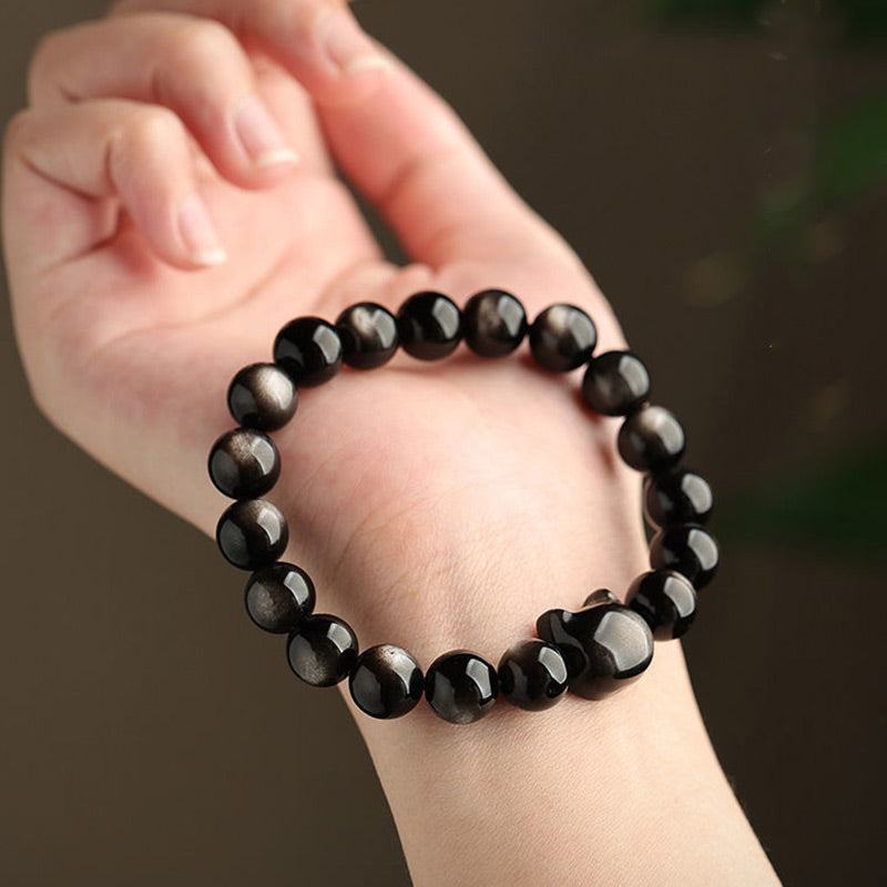 Foviel Gold Sheen Obsidian Silver Sheen Obsidian Lovely Paw Lucky Cat Protection Bracelet