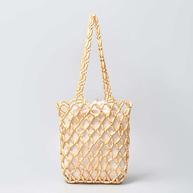 Buddha Stones Hand-woven Wooden Beads Shoulder Bag Handbag Shoulder Bag BS Wheat 25*6*30cm