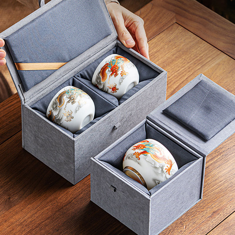 Buddha Stones Dragon Phoenix Auspicious Clouds Ceramic Teacup Kung Fu Tea Cup With Gift Box Cup BS 20