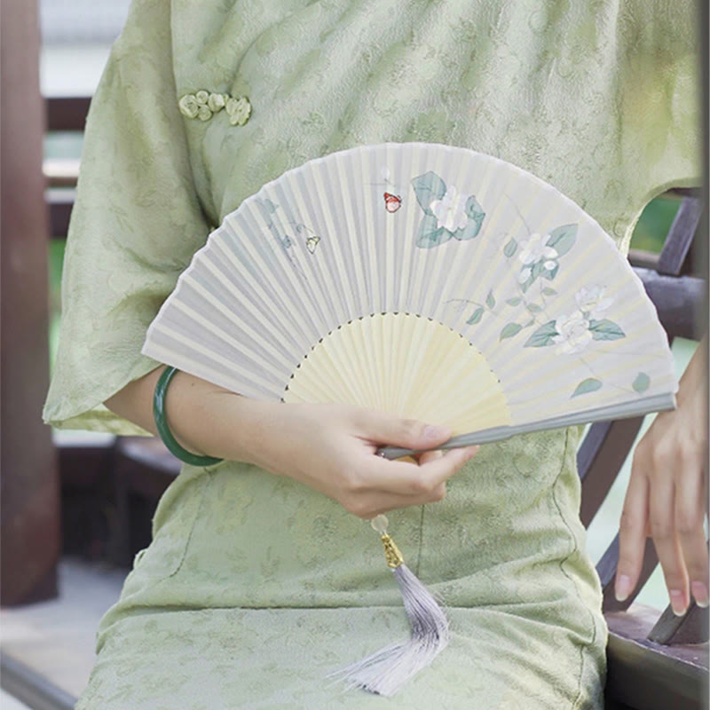 Buddha Stones Jasmine Flowers Handheld Bamboo Folding Fan Folding Fan BS 2
