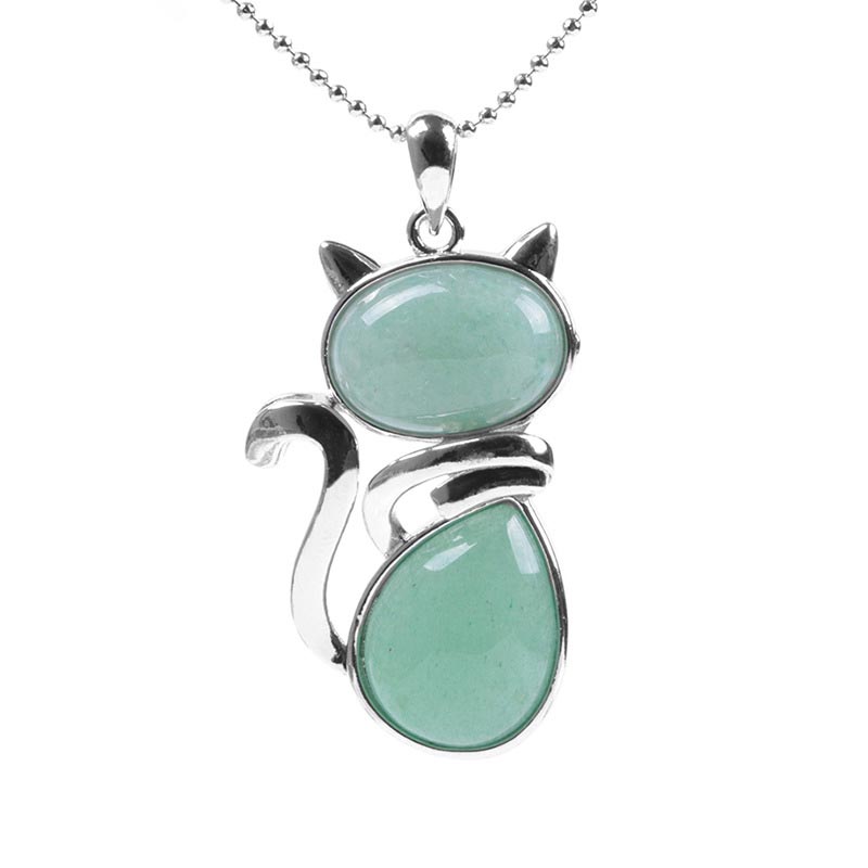 Buddha Stones Cat Pattern Natural Crystal Protection Necklace Pendant - Green Aventurine - image 1
