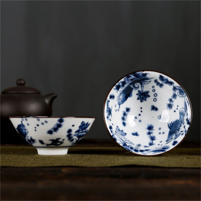 Buddha Stones Flowers Fu Character Mountains Lotus Cherry Blossoms Ceramic Teacup Kung Fu Tea Cup Cup BS Dark Blue Underwater World 8.5cm*4cm*90ml