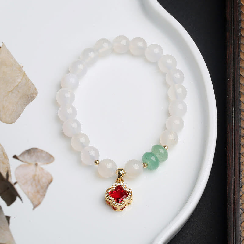 Buddha Stones Natural White Agate Red Agate Money Bag Fu Character Four Leaf Clover Protection Bracelet Bracelet BS White Agate Four Leaf Clover
