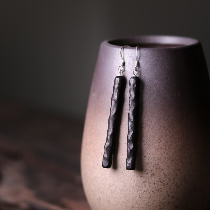 Buddha Stones 925 Sterling Silver Ebony Wood Texture Balance Peace Drop Dangle Earrings Earrings BS Texture Ebony Wood