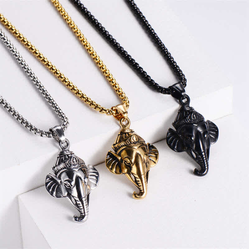 Buddha Stones Ganesh Ganpati Elephant Titanium Steel Protection Pendant Necklace Necklaces & Pendants BS 1