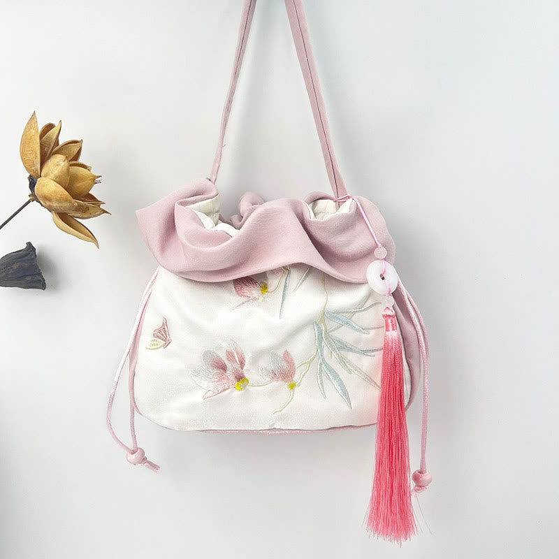 Buddha Stones Suzhou Embroidery Camellia Magnolia Peony Lotus Silk Tote Crossbody Bag Shoulder Bag Handbag Crossbody Bag BS Light Pink Magnolia 20*20*7cm