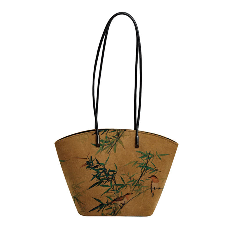 Buddha Stones Vintage Bamboo Magpie Peony Butterfly Large Capacity Shoulder Bag Handbag Shoulder Bag BS 10