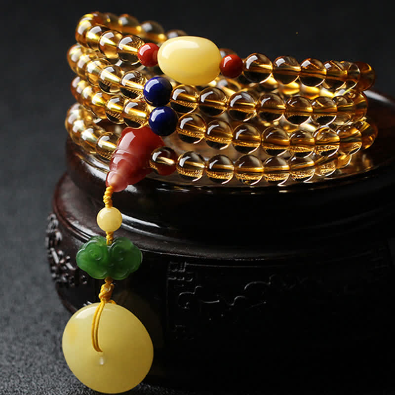 108 Mala Beads Natural Citrine Amber Peace Buckle Red Agate PiXiu Protection Charm Bracelet Mala Bracelet BS Citrine&Amber