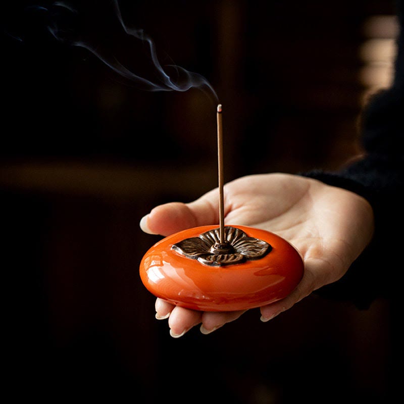 Buddha Stones Persimmon Ceramic Meditation Healing Incense Burner Incense Holders Incense Burner BS Ceramic Persimmon Incense Holder