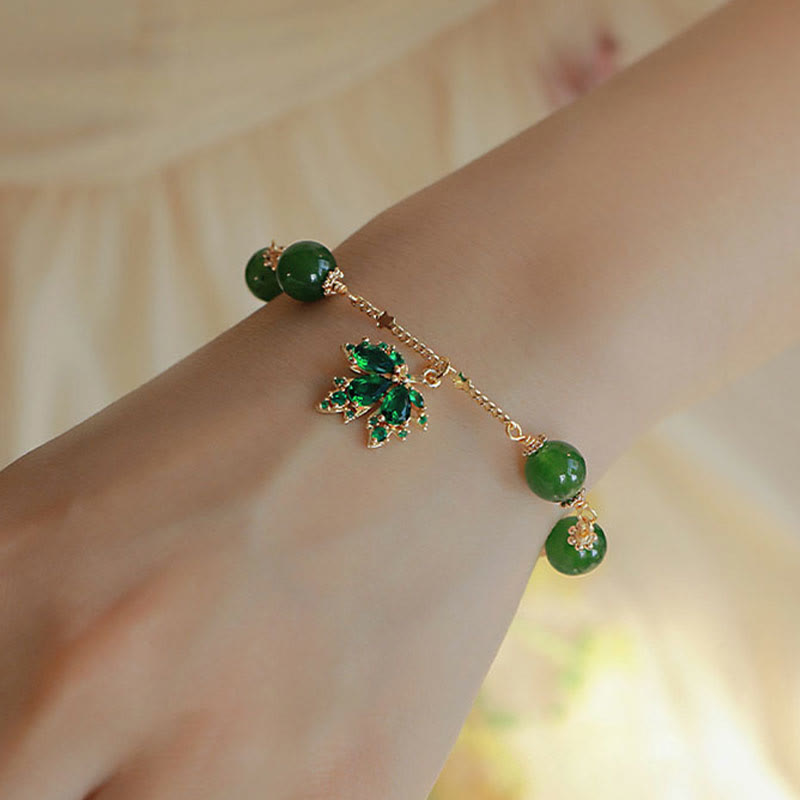 Buddha Stones 14k Gold Plated Green Chalcedony Maple Leaf Courage Strength Bracelet Bracelet BS 5