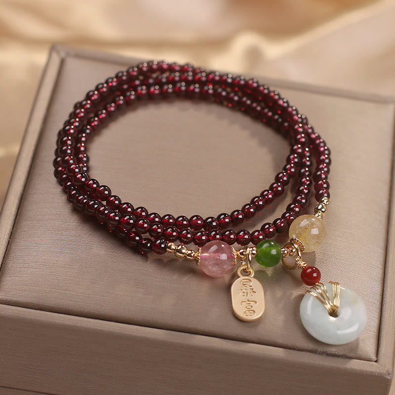Buddha Stones Natural Garnet Strawberry Quartz Crystal Fox Koi Fish Peace Buckle Fortune Protection Triple Wrap Bracelet Bracelet BS 11