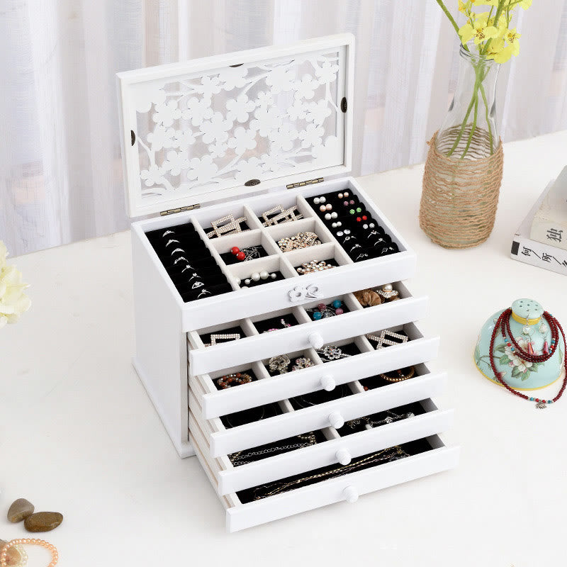 Buddha Stones Vintage Plum Blossom Carved Wooden Jewelry Box Six-Layer Jewelry Storage Box Jewelry Box BS White 30.6*20.6*24.7cm